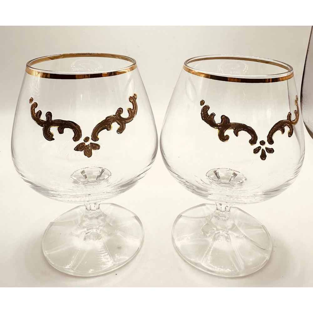 Vintage Gold Gilded Bohemian Glass Liqueur/Liquor Brandy Glasses Set of 2